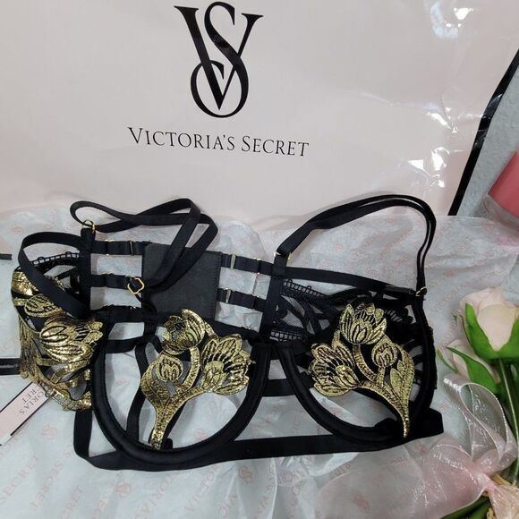 1423 VICTORIA'S SECRET BLACK GOLD Strappy Embroidered Open Cup Balconett… - Picture 6 of 11